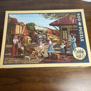 Cobble Hill Waiting For The Train 500 Piece Puzzle 24”x18" Railroad - Complete